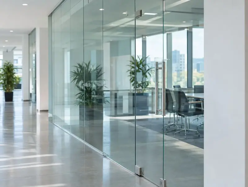 Frameless toughened glass partition and door in a bright office corridor