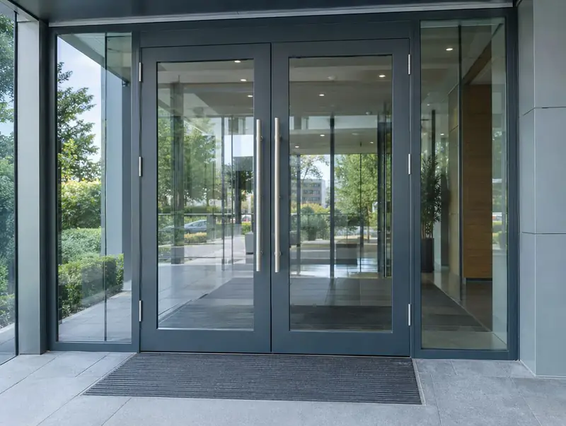 Pair of commercial glazed entrance doors in a dark grey aluminium frame