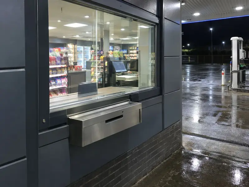 Petrol station night kiosk window with a stainless steel transaction drawer
