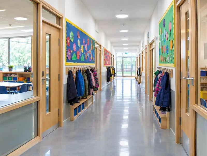 Primary school corridor with glazed classroom doors and screens